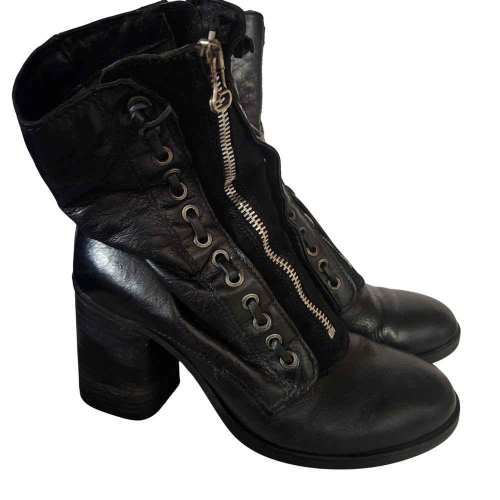 Black Leather Lace Up Zipper Block‎ Heel Ankle Boots Women's Size 39